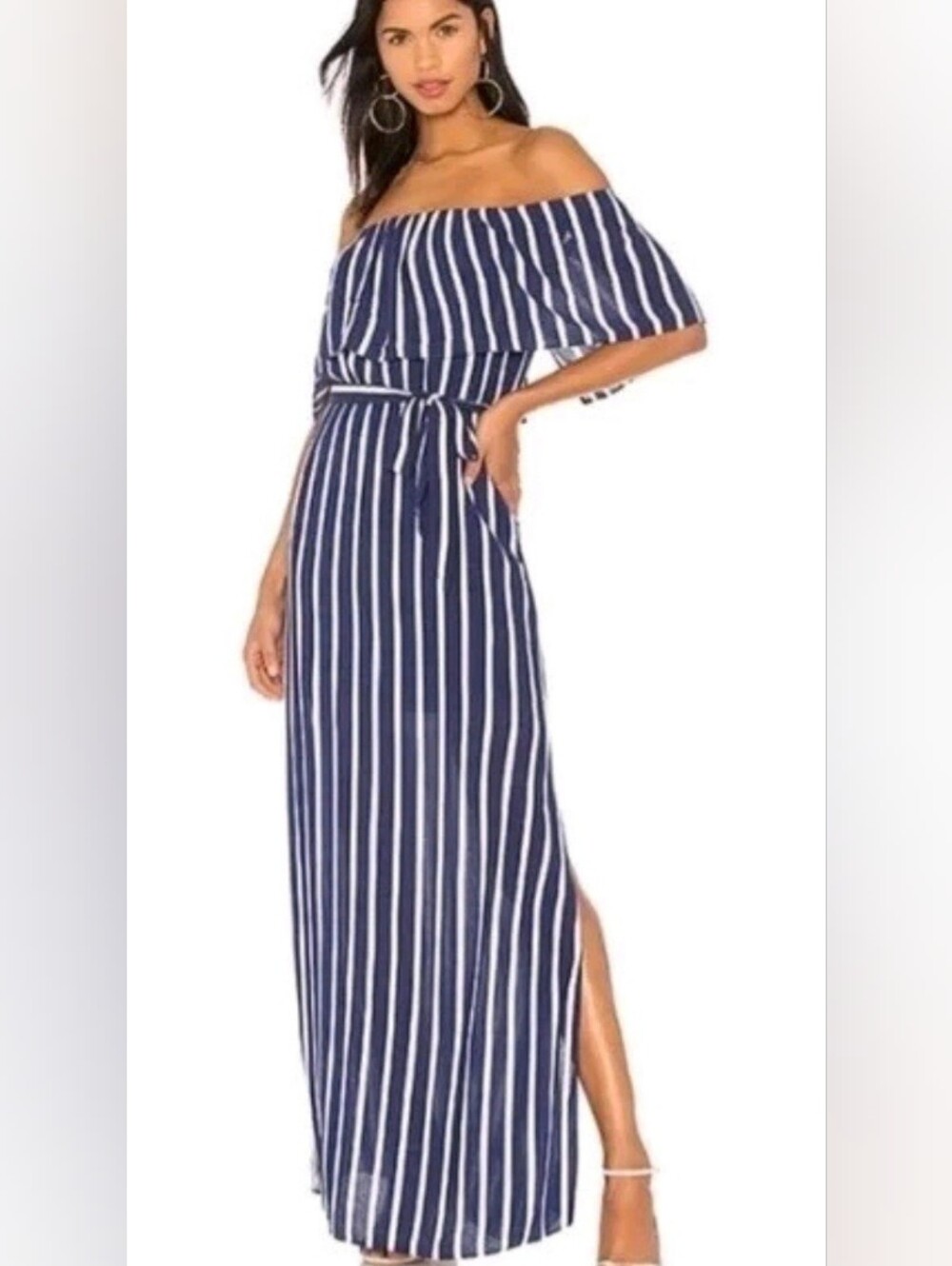 Alice & Olivia Maxi Dress, Size M, Off-Shoulder, Navy Blue White Stripes